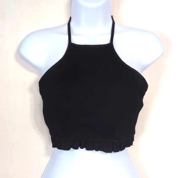 Freya Black Ribbed High Neck Swim Top Ruffle Bottom Size 30G - Picture 1 of 7